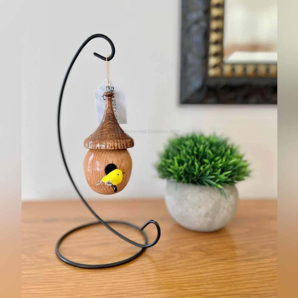 Decorative Wooden birdhouse with miniature yellow bird and stand, Desktop decor